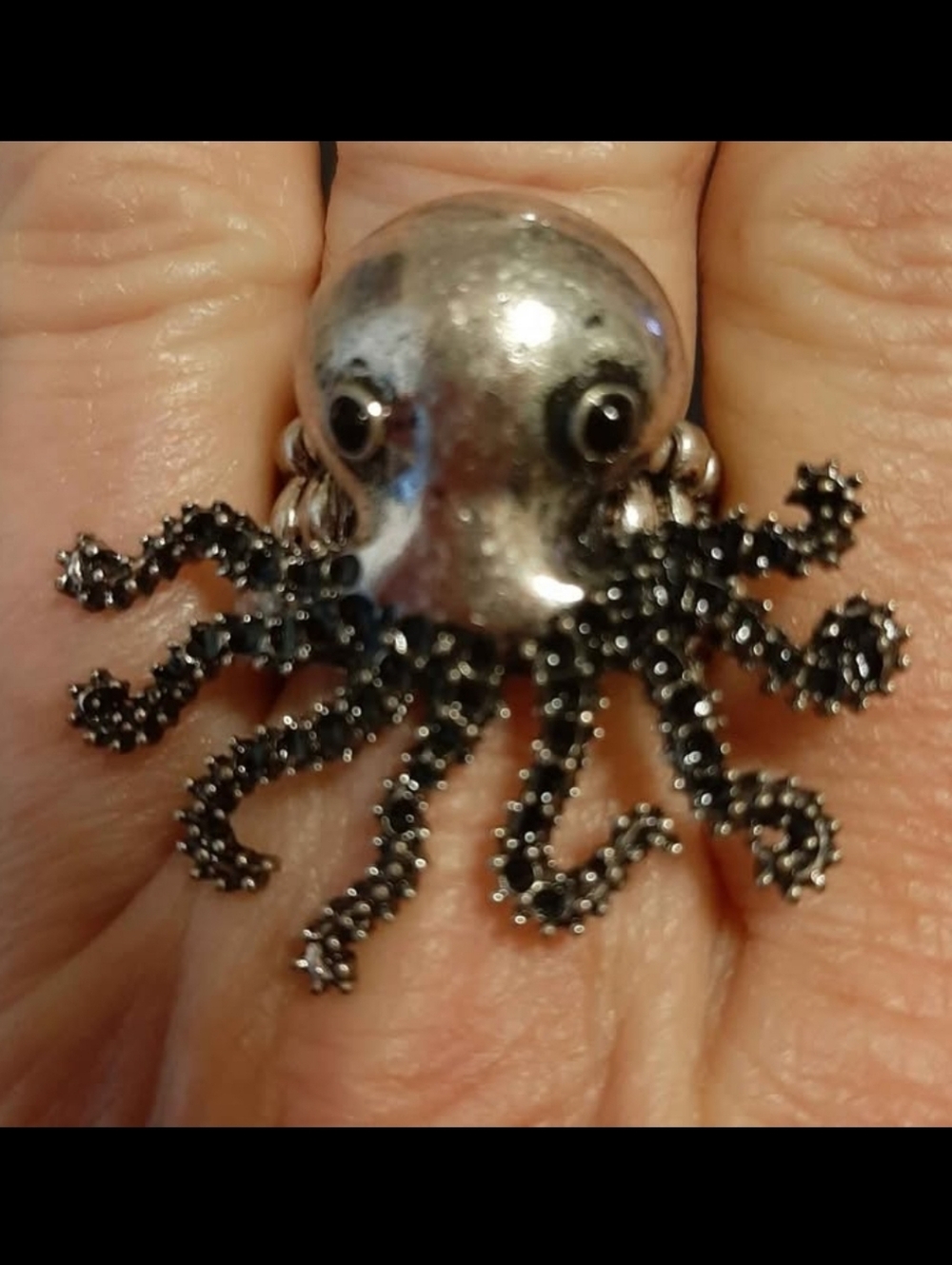 Costume Silver tone Octopus Black Rhinestones One Size Stretch Ring